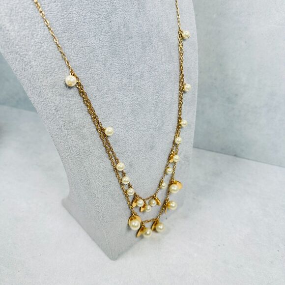 J. Crew Necklace Layered Charm Beaded Faux Pearl Gold Tone 36" Elegant Modern - Picture 3 of 8